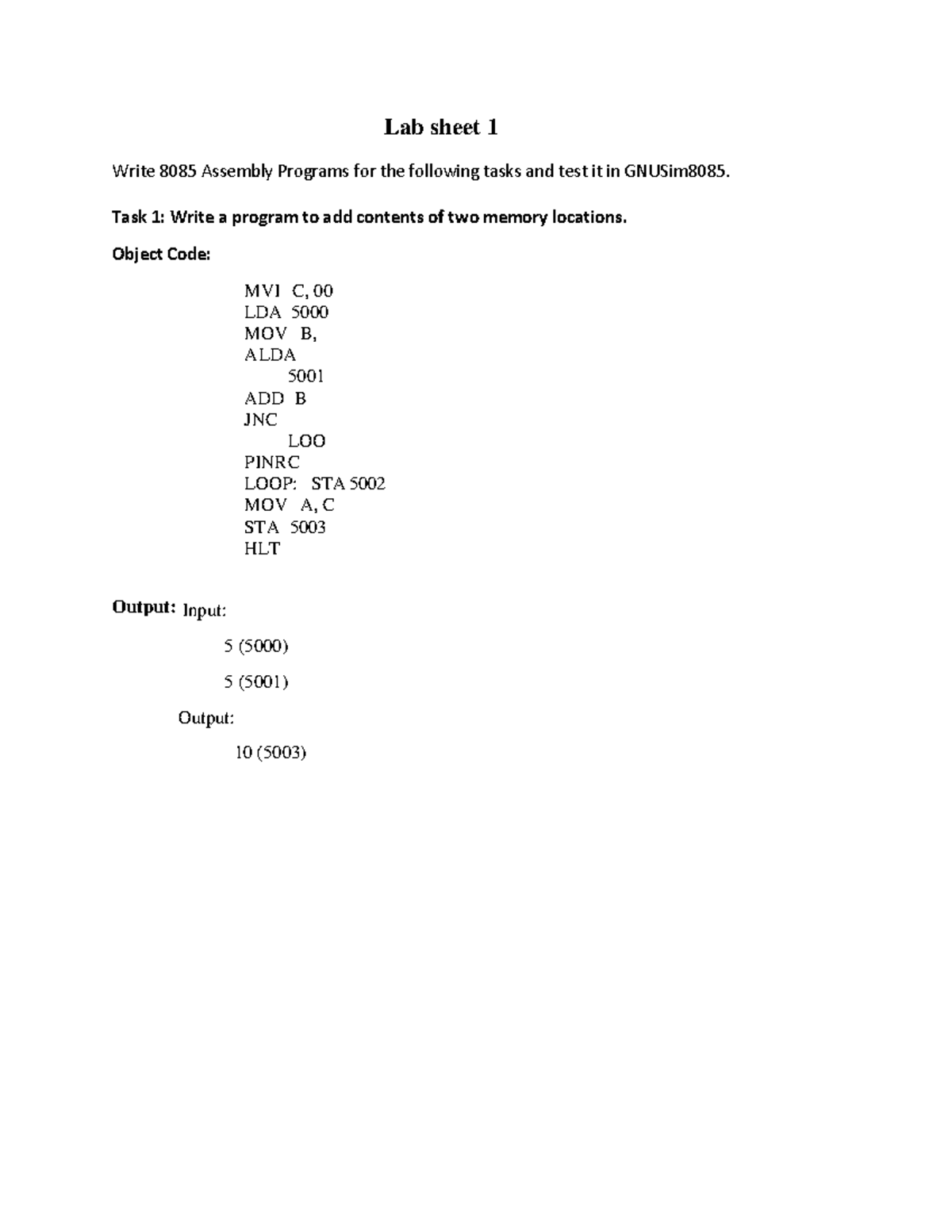 Lab sheet 1 - Lab sheet 1 Write 8085 Assembly Programs for the ...