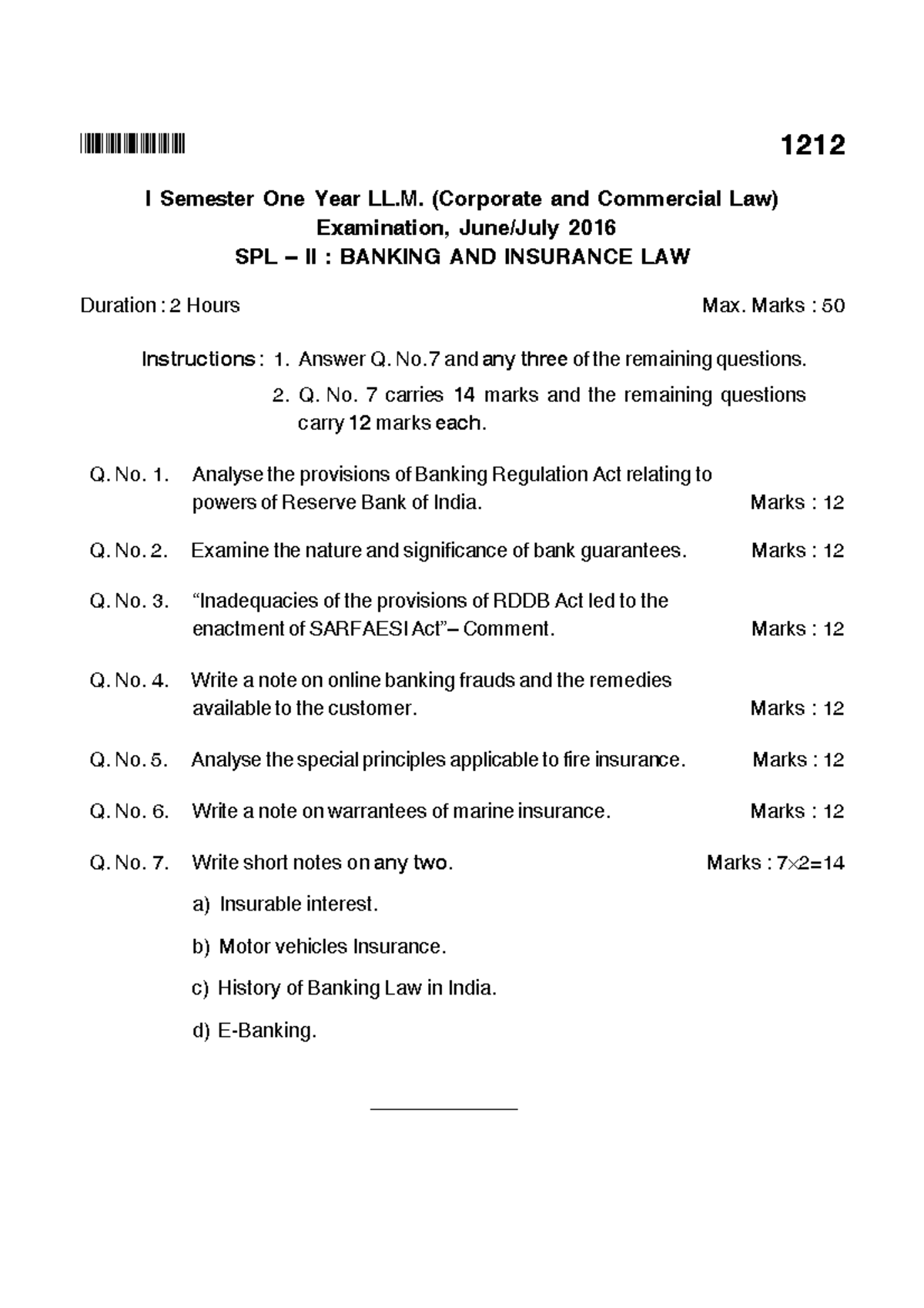 Banking & Insurance - Question Paper - BIPIPB 1212 I Semester One Year ...