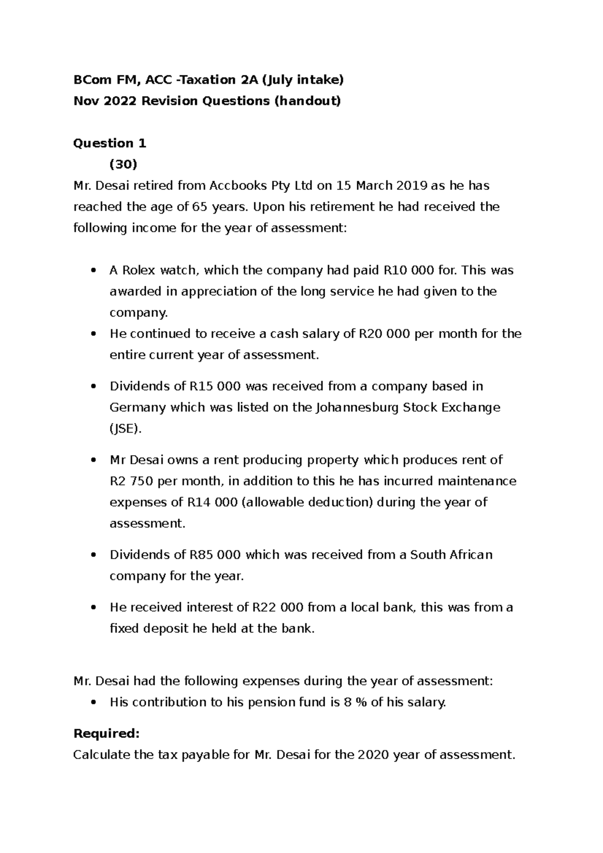 Revision handout Nov 22 - BCom FM, ACC -Taxation 2A (July intake) Nov ...