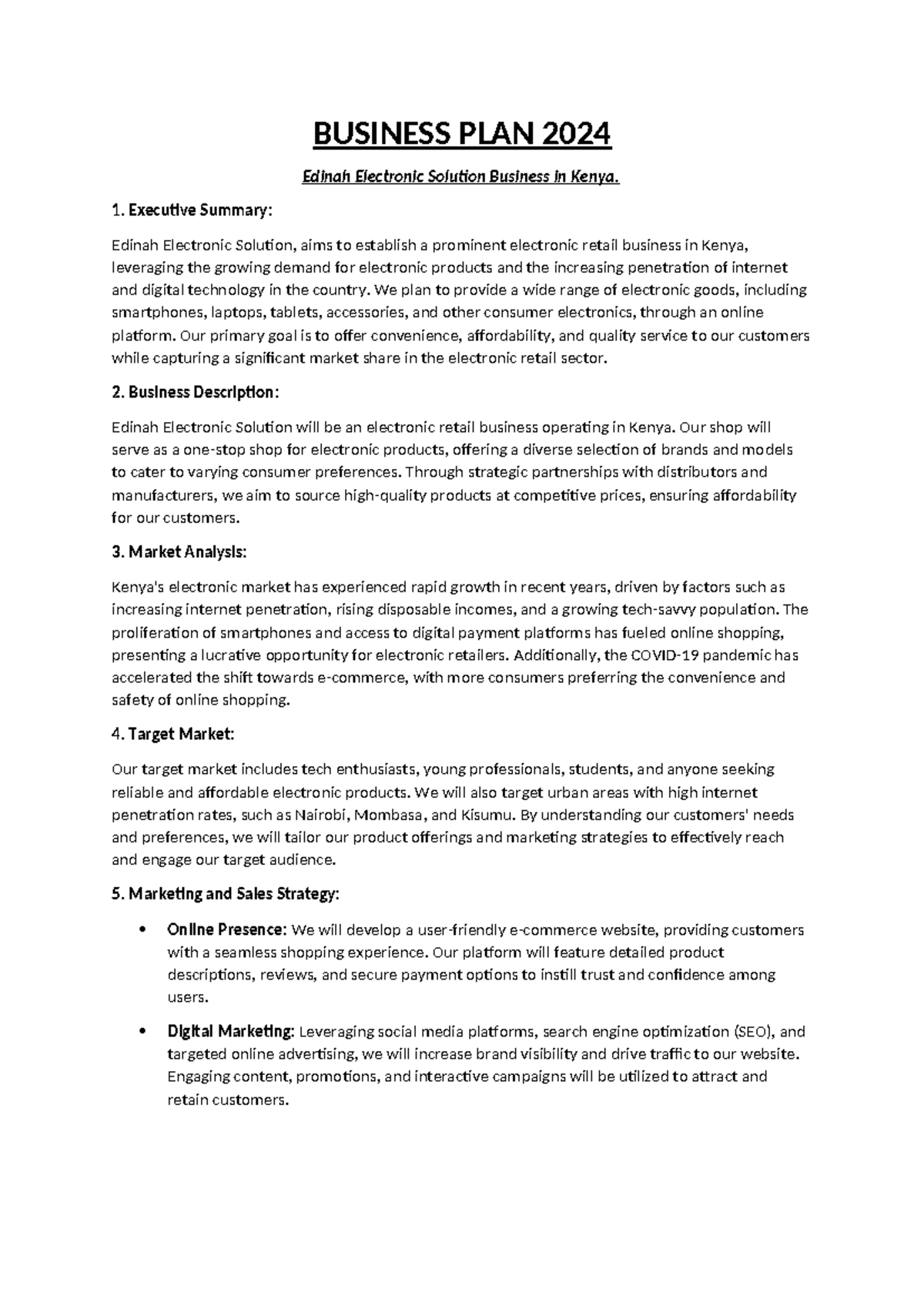 Business PLAN 2024 - BUSINESS PLAN 2024 Edinah Electronic Solution ...