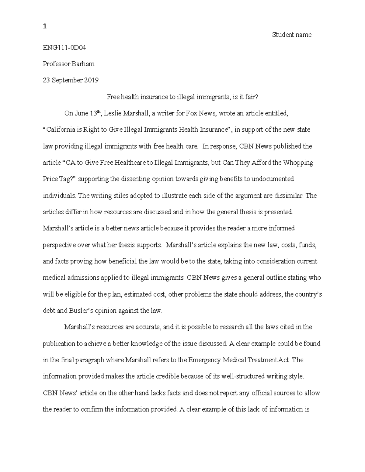 English writing - coursework - Student name ENG111-0D Professor Barham ...