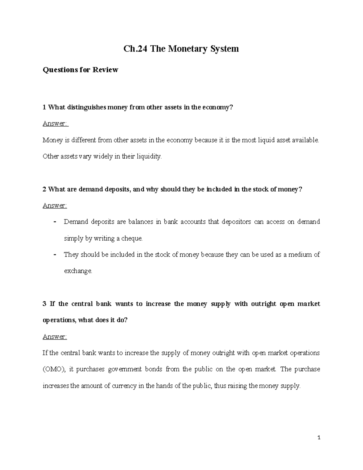 Econ 102 Ch - Ch The Monetary System Questions for Review 1 What ...