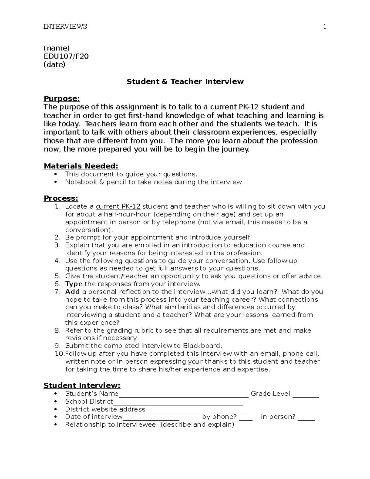 Student Teacher Interview - (name) EDU107/F (date) Student & Teacher ...