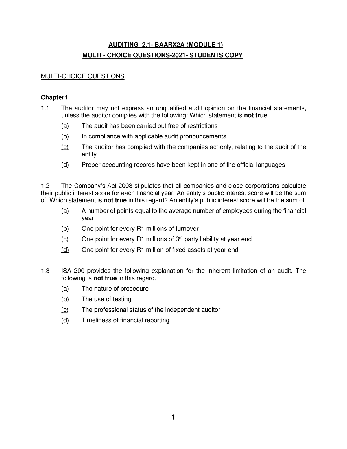 MCQS - Students COPY - Practice ONLY - AUDITING 2- BAARX2A (MODULE 1 ...