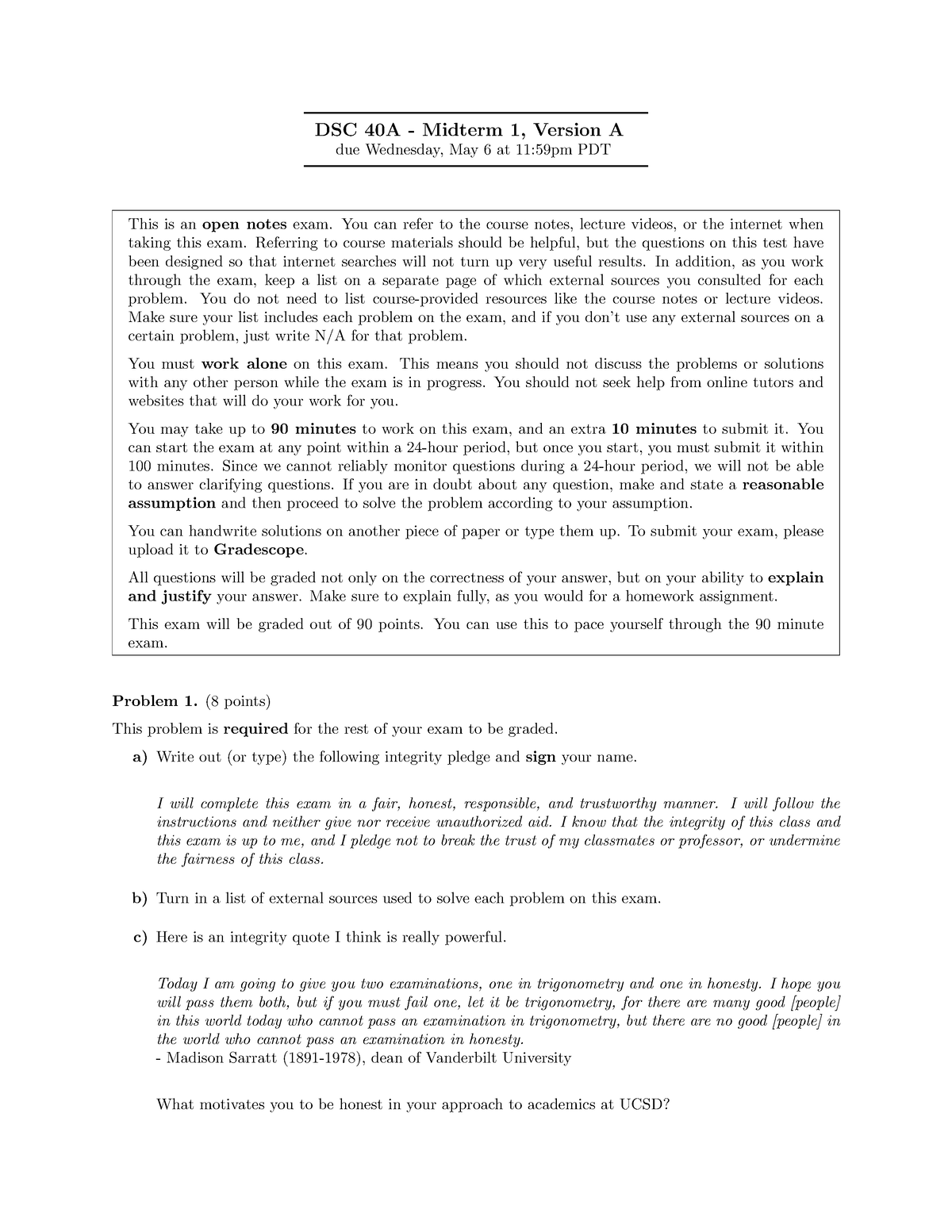 Sp20midterm 1 practice question DSC 40A Midterm 1, Version A due