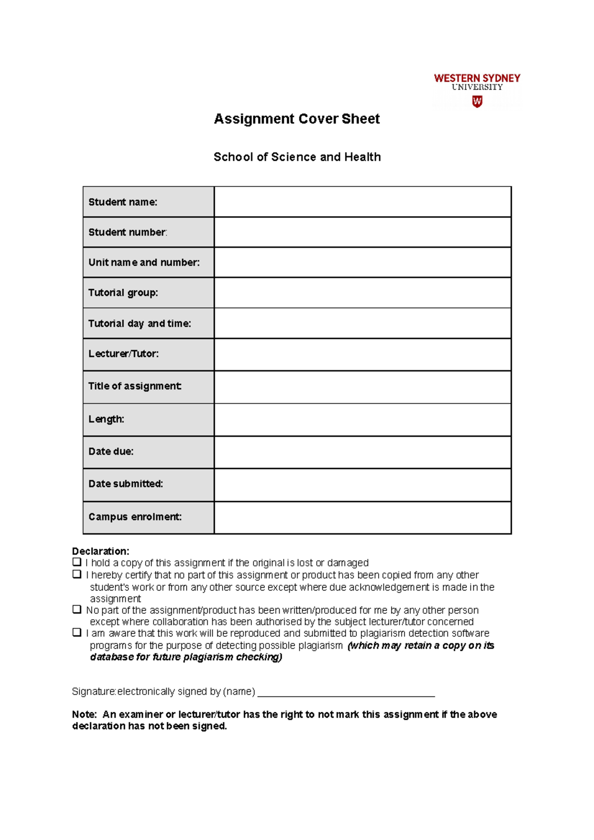 assignment cover sheets