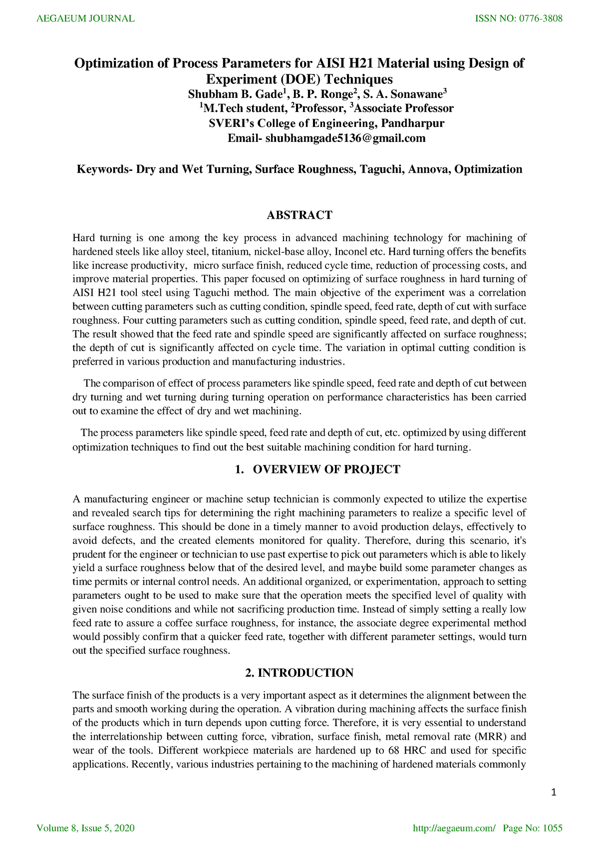 Optimization of process parameters for Aisih 21 - 1 Optimization of ...