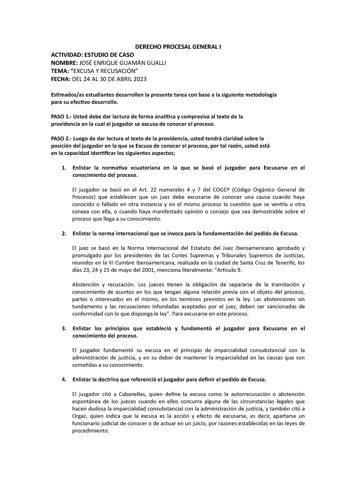 Deber Estudio De Caso Excusa Y Recusación - Derecho Procesal - UTPL ...