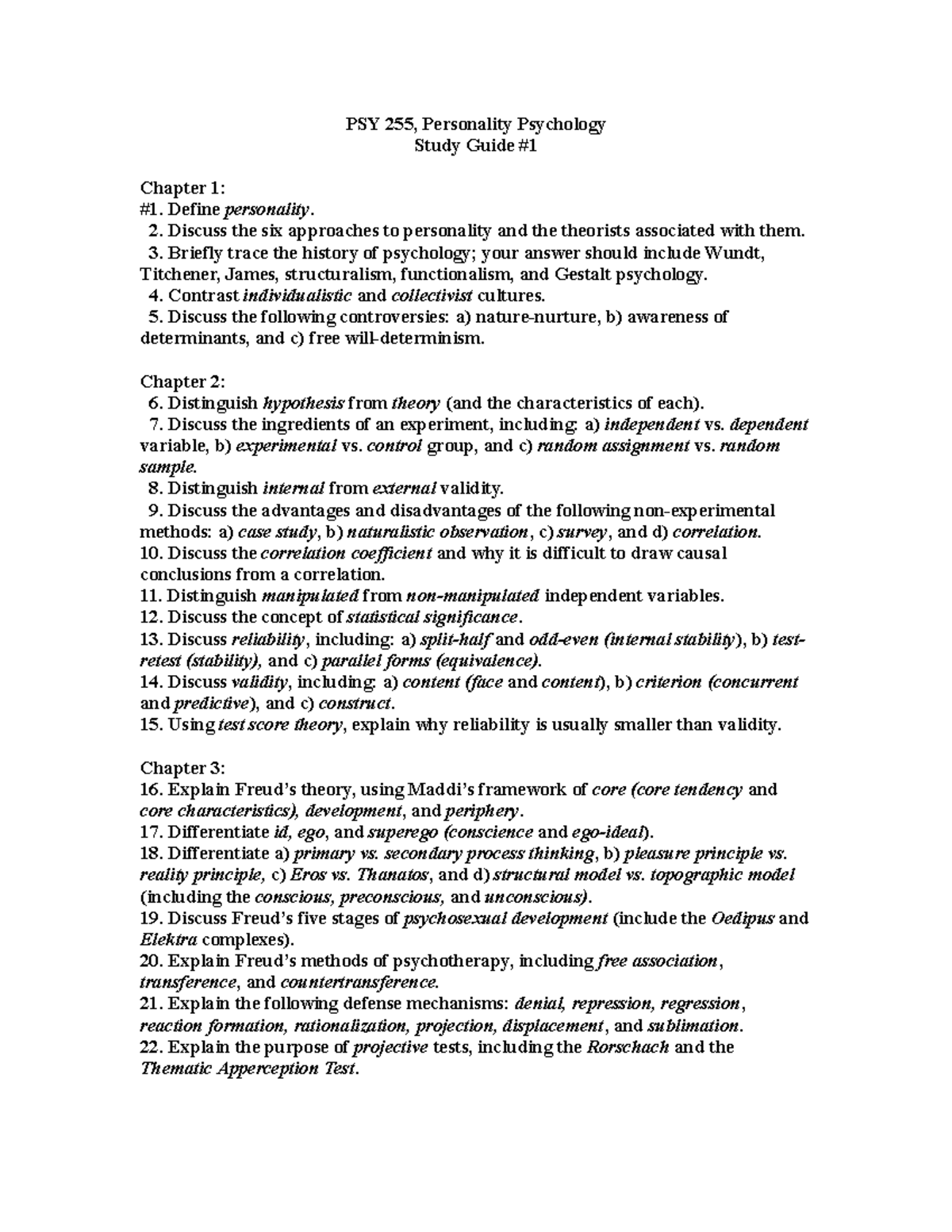 PSY 255, Study Guide #1 - PSY 255, Personality Psychology Study Guide ...