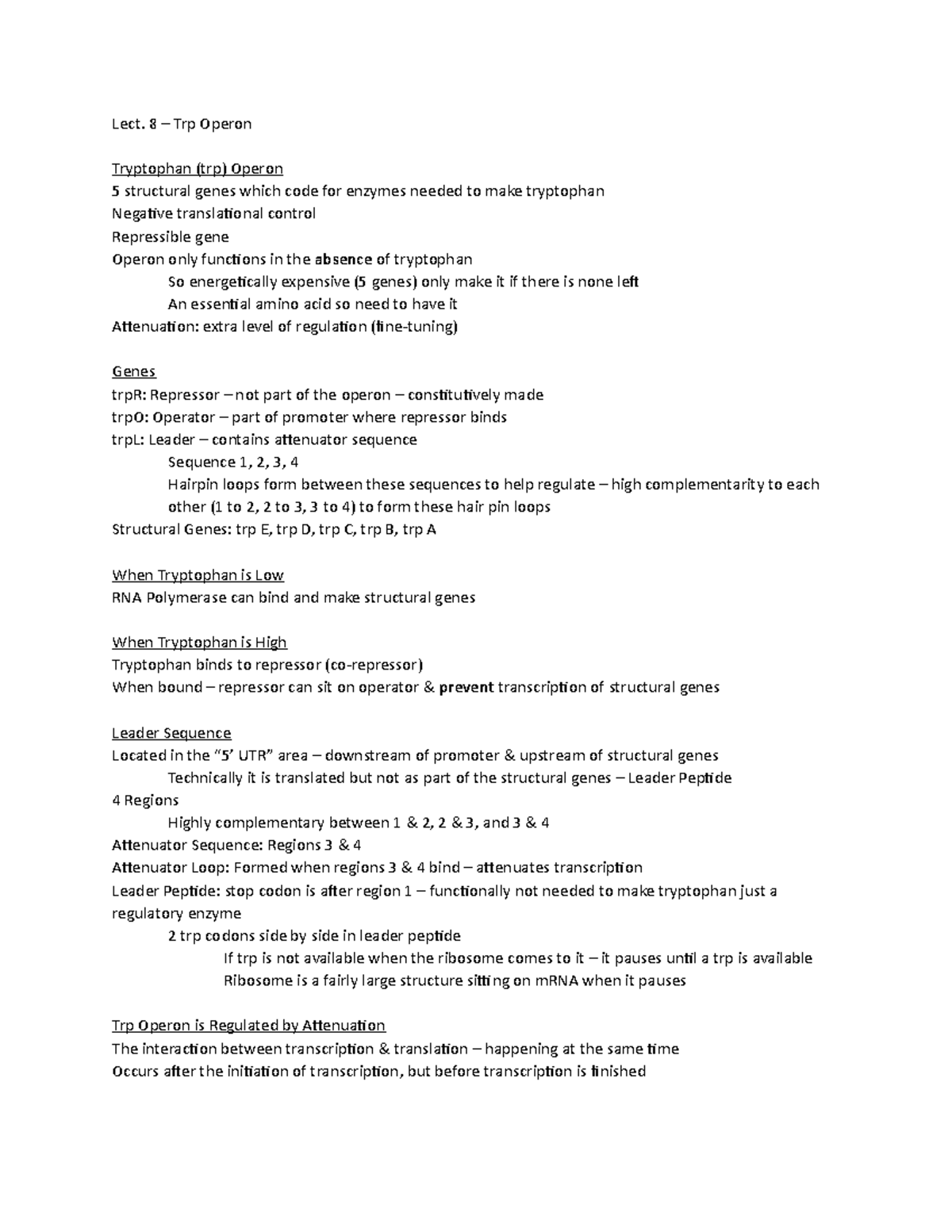 Exam 2 - Lect 8 - Lecture notes 8 - Lect. 8 Trp Operon Tryptophan (trp ...