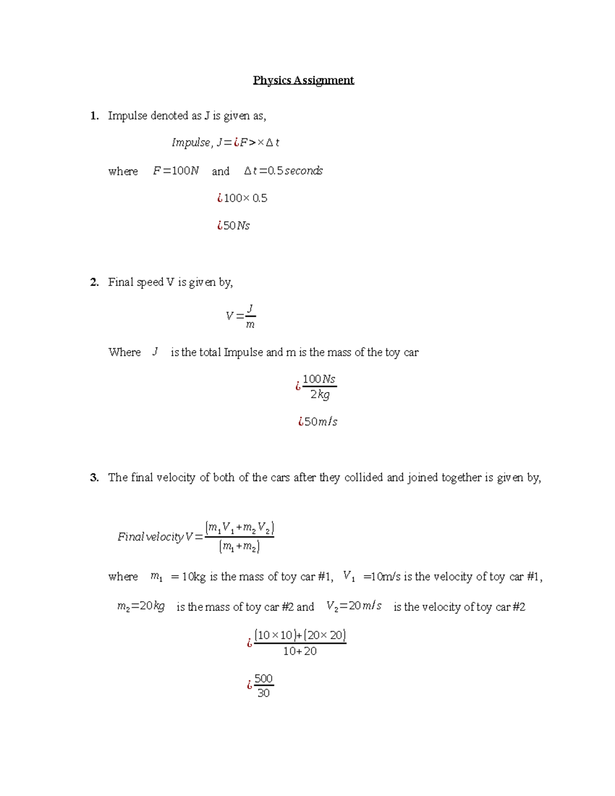 Physics Assignmen 1 - Sample questions - Physics Assignment 1. Impulse ...
