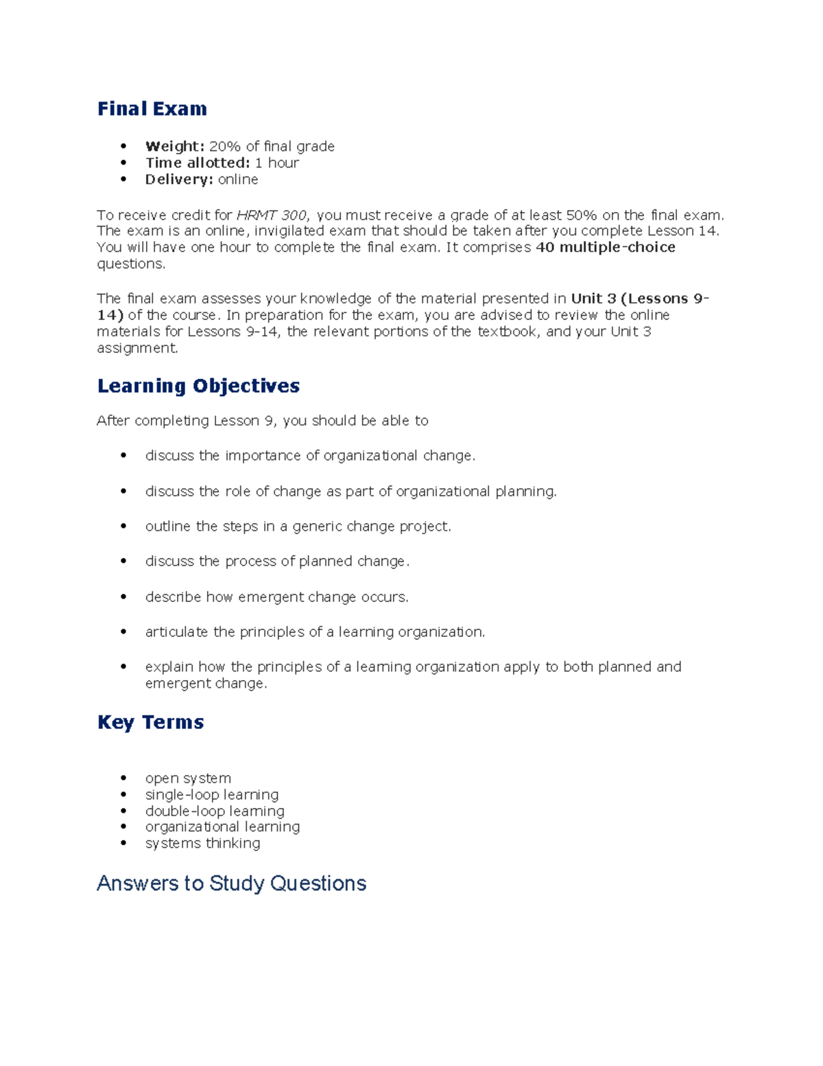 HRMT 300 NOTES FOR EXAM Final Exam Weight 20 of final grade Time allotted 1 hour Studocu