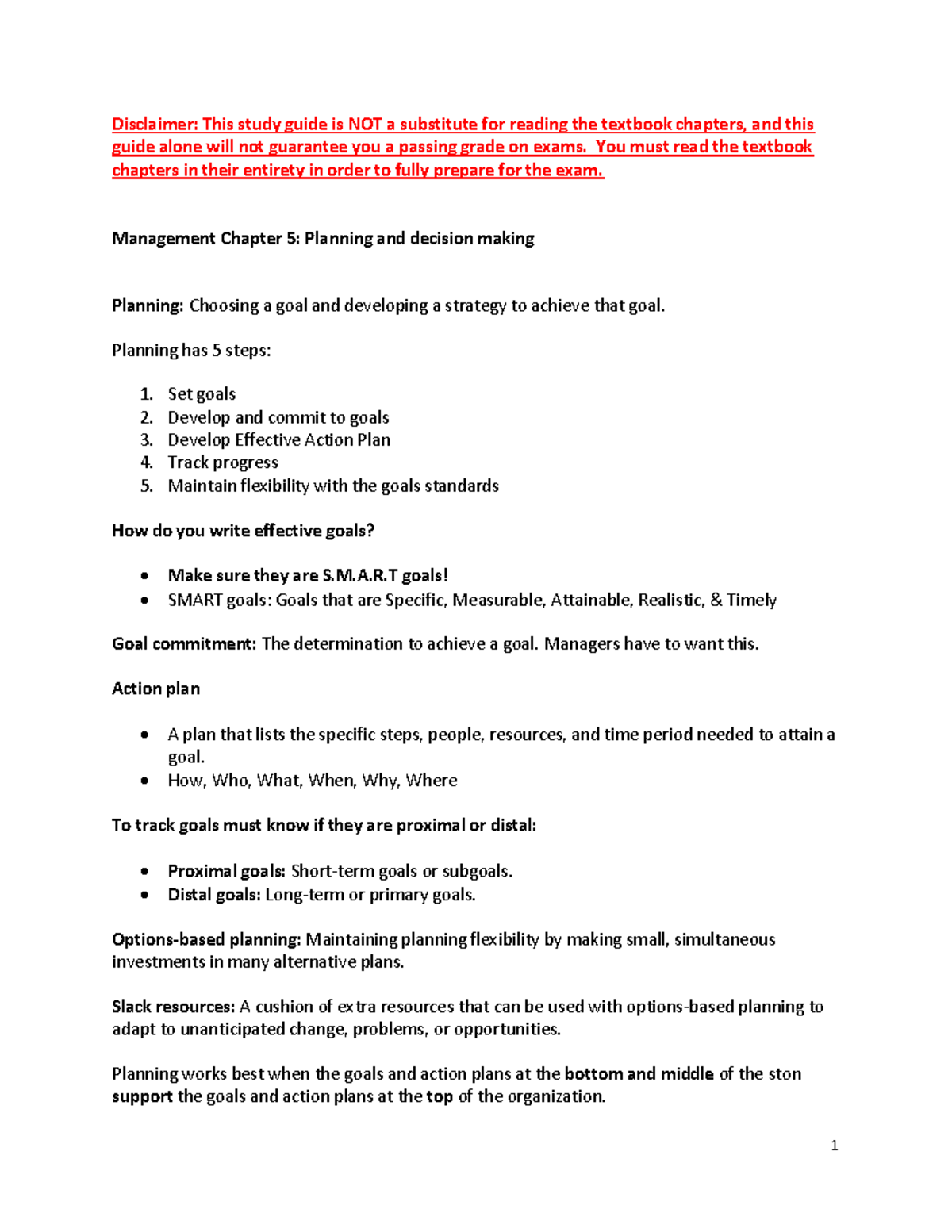 Chapter 5 Study Guide - Principles Of Management - Disclaimer: This ...