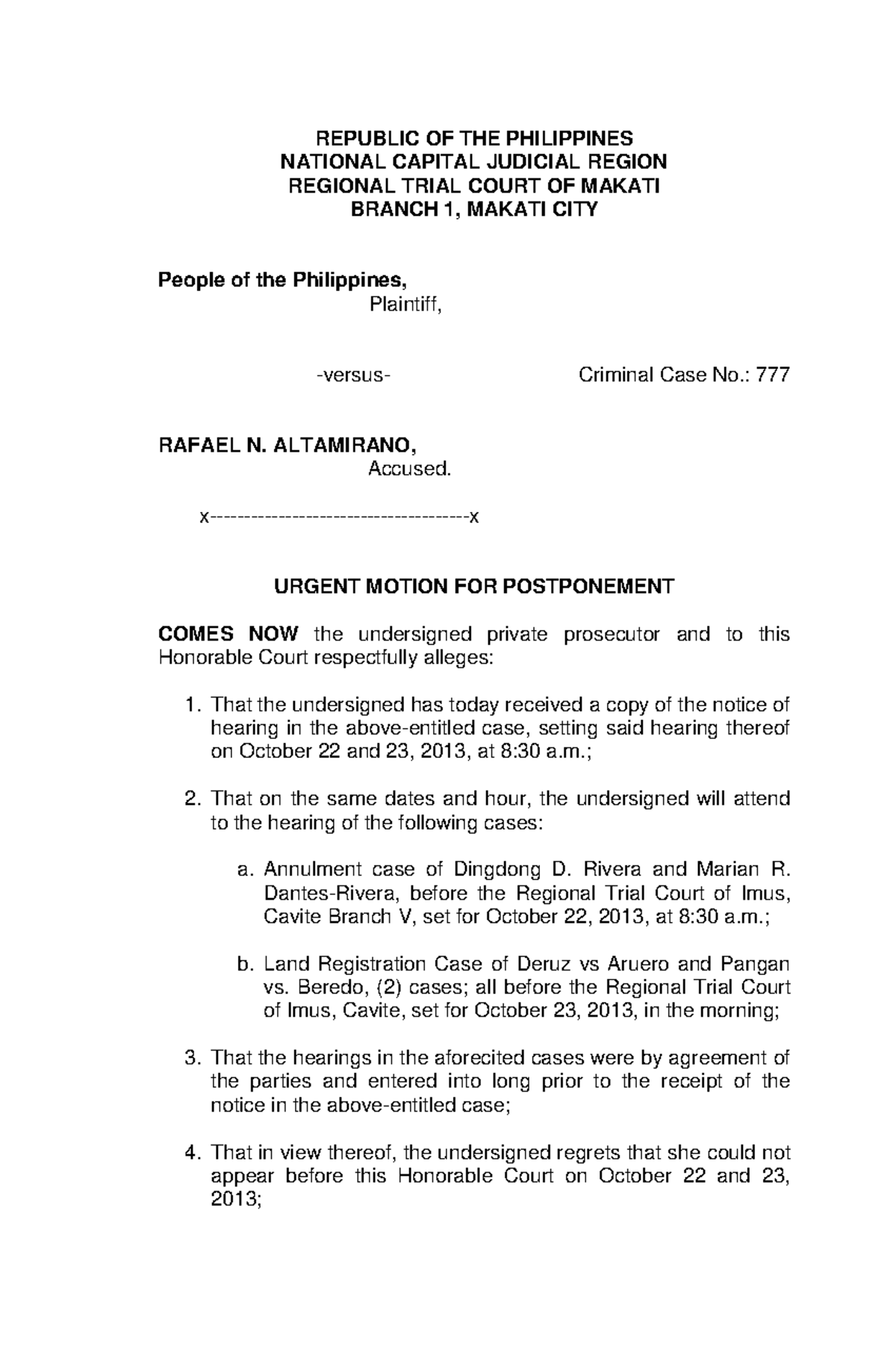 177173588 Motion For Postponement REPUBLIC OF THE PHILIPPINES