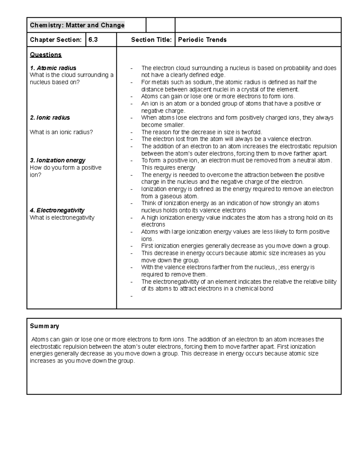 Matter and Change Notes - Chemistry: Matter and Change Chapter Section ...