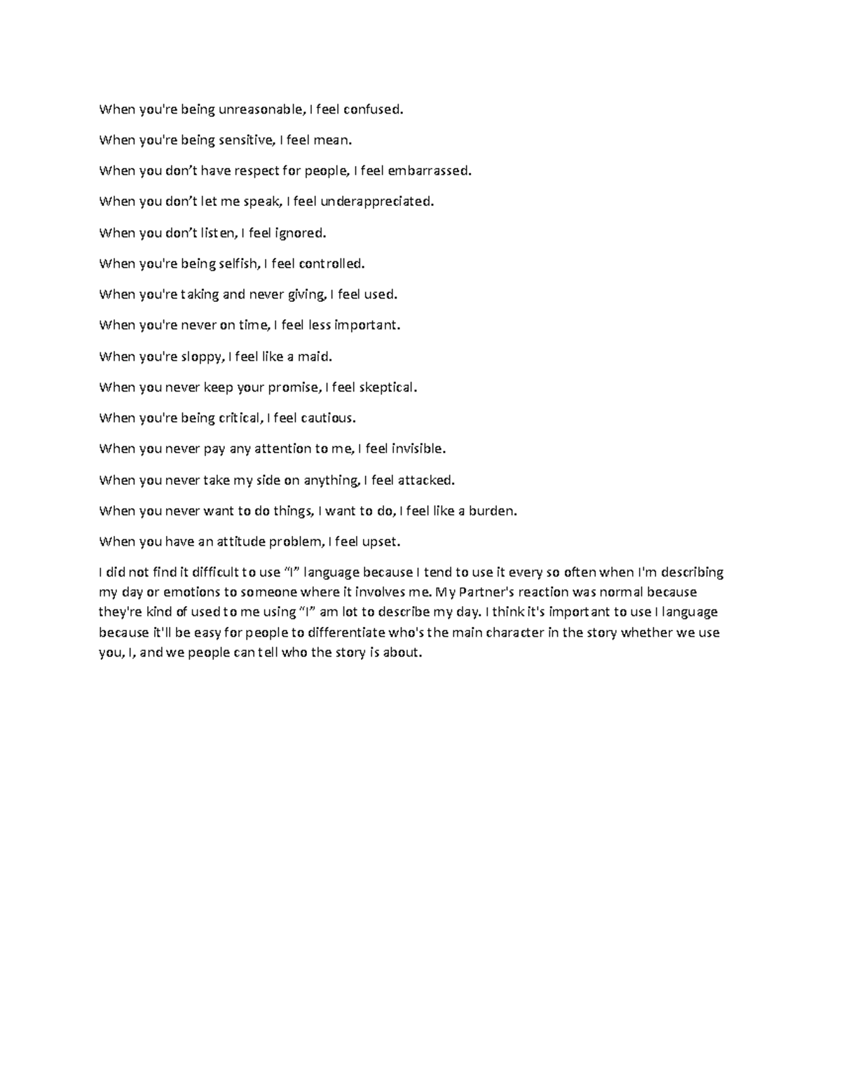 Comm hw - How do you feel assignment - When you're being unreasonable ...