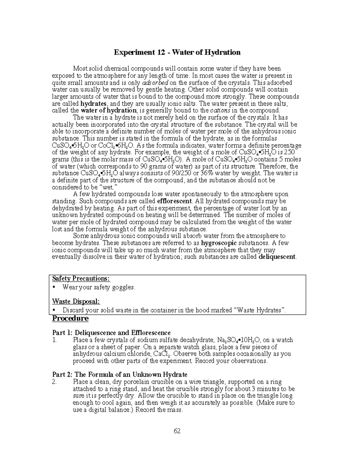 12 Water of Hydration - nice - 62 Experiment 12 - Water of Hydration ...