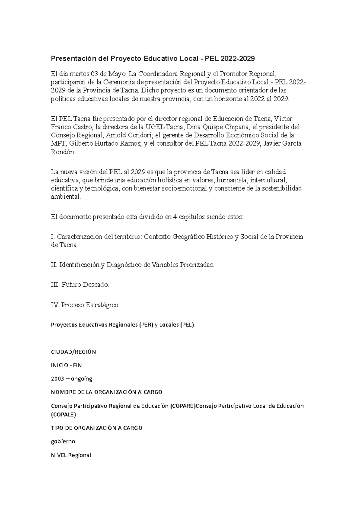 Presentaci n Del Proyecto Educativo Local La Coordinadora Regional Y 