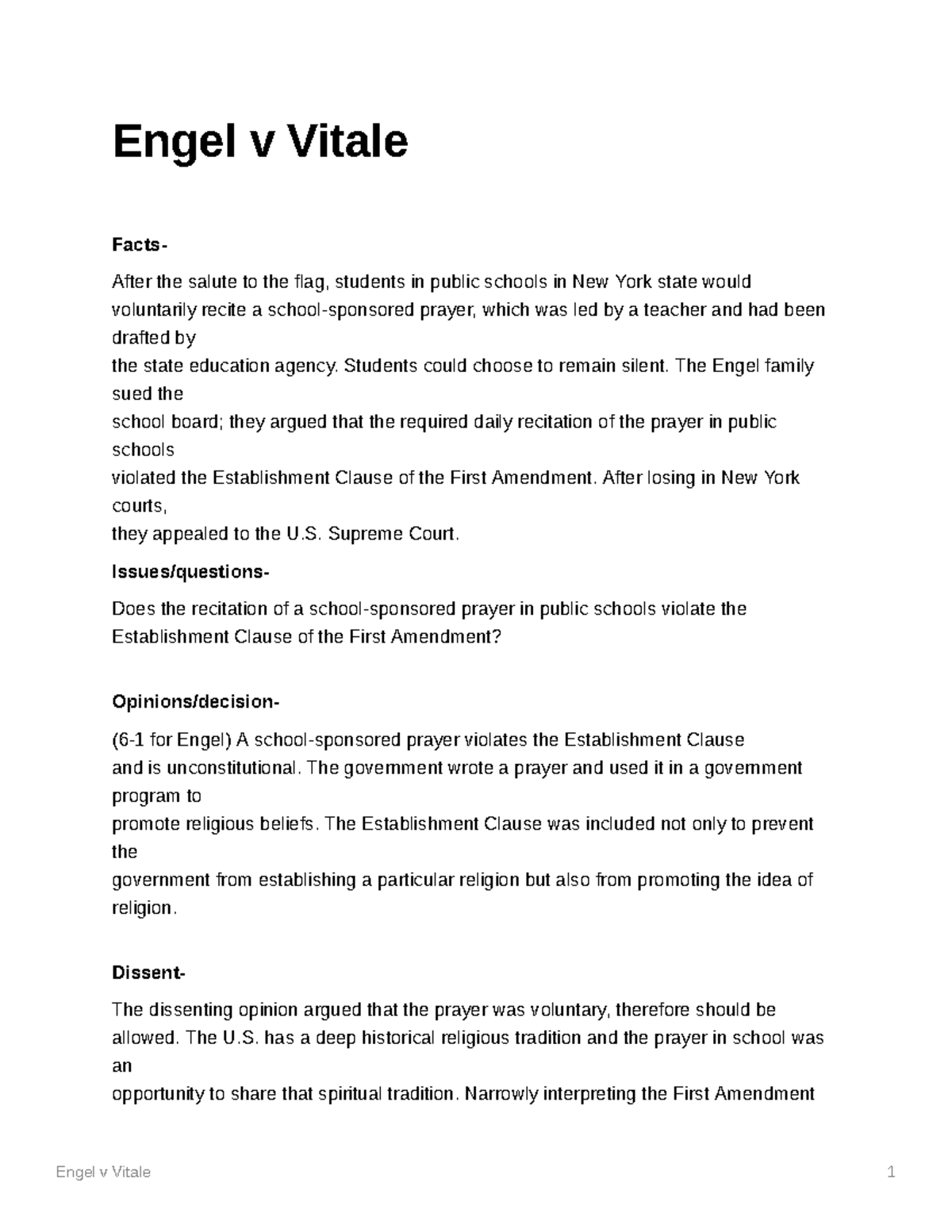 Engel v Vitale Study Guide Engel v Vitale 1 Engel v Vitale Facts
