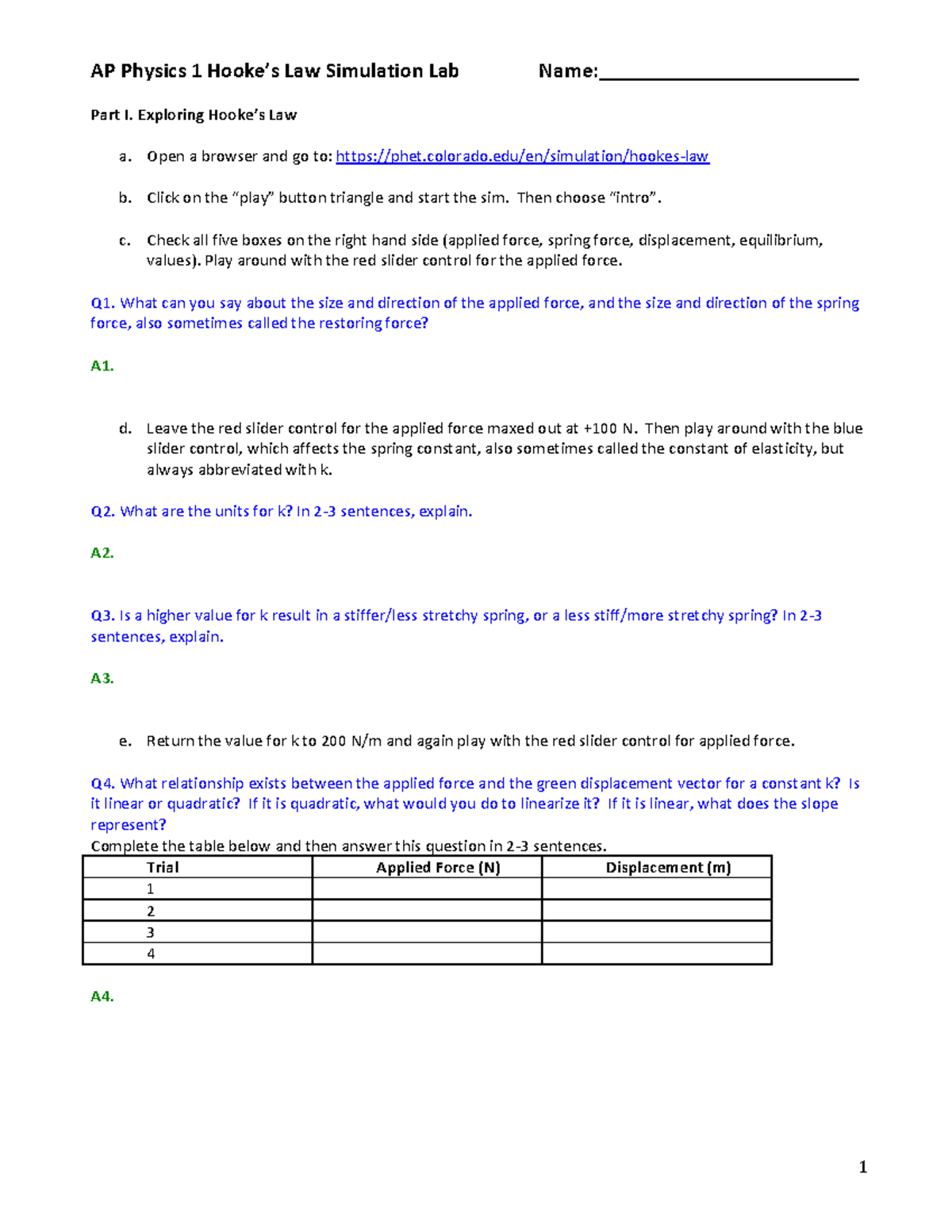 AP1 LAB Ph ET Hookes Law SAME 1 AP Physics 1 Hooke’s Law Simulation