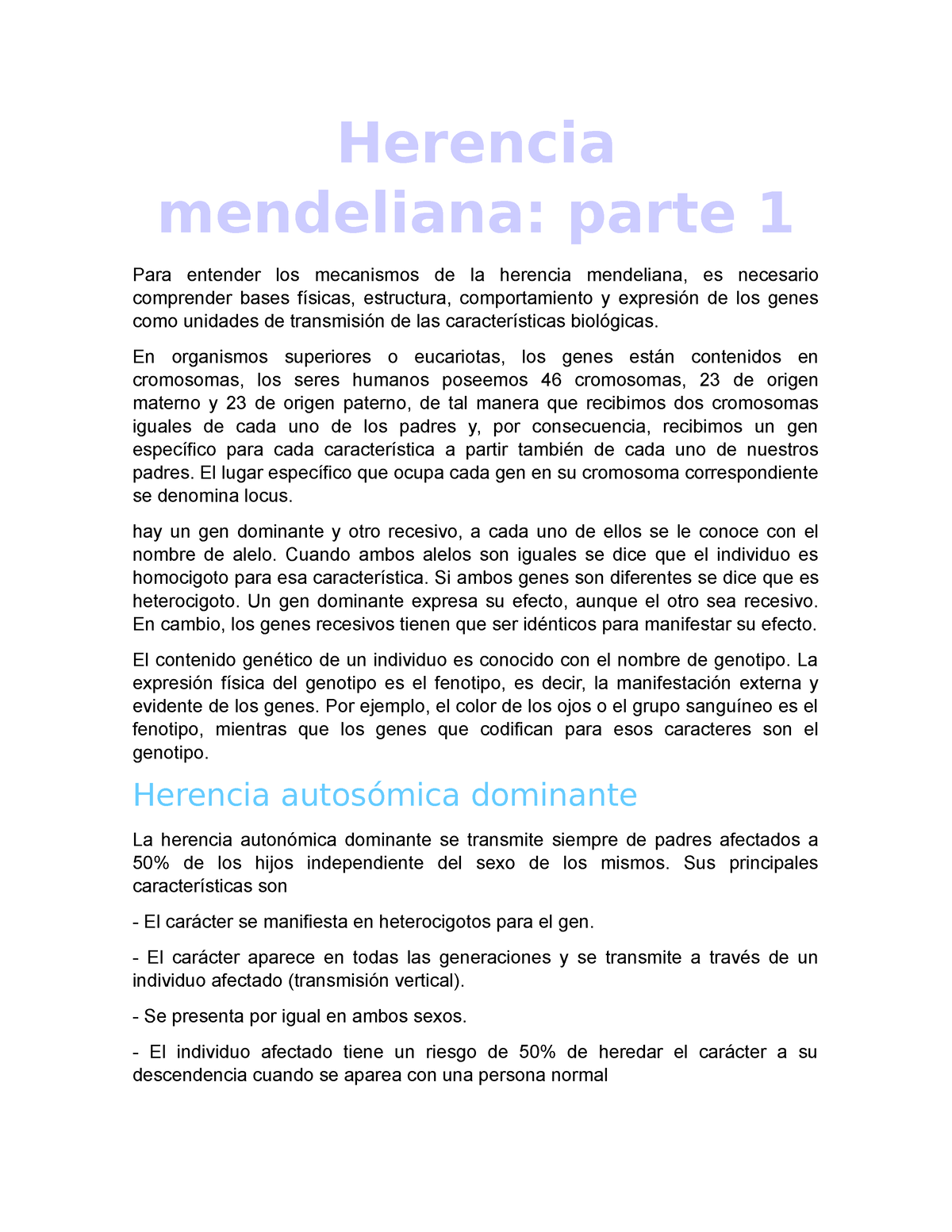 Herencia Mendeliana Resumen - Herencia Mendeliana: Parte 1 Para ...