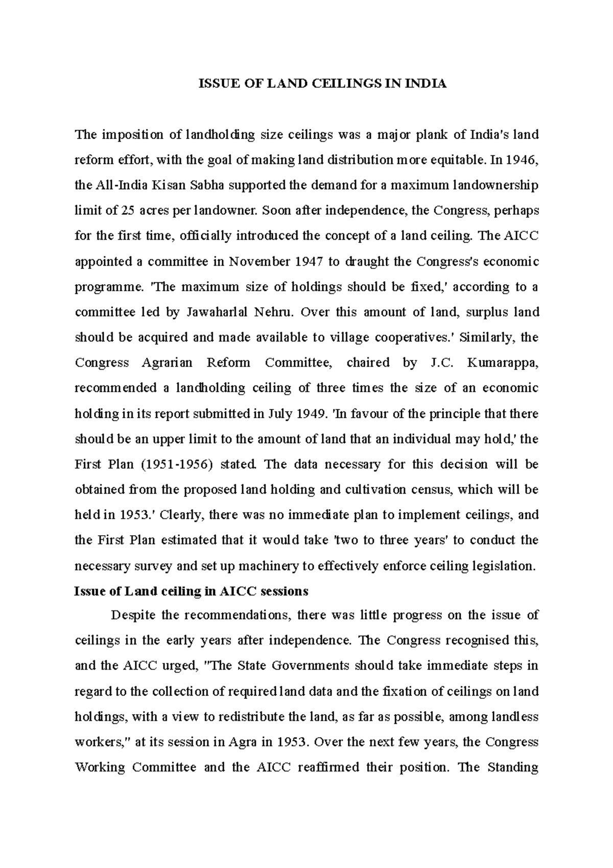 Issue OF LAND Ceilings IN India ISSUE OF LAND CEILINGS IN INDIA The