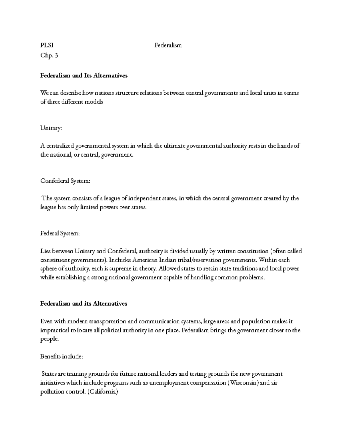 Political Science - PLSI Federalism Chp. 3 Federalism and Its ...