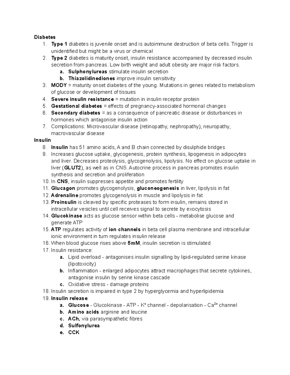 Summary of biochemistry in the body (first year) - Diabetes 1. Type 1 ...
