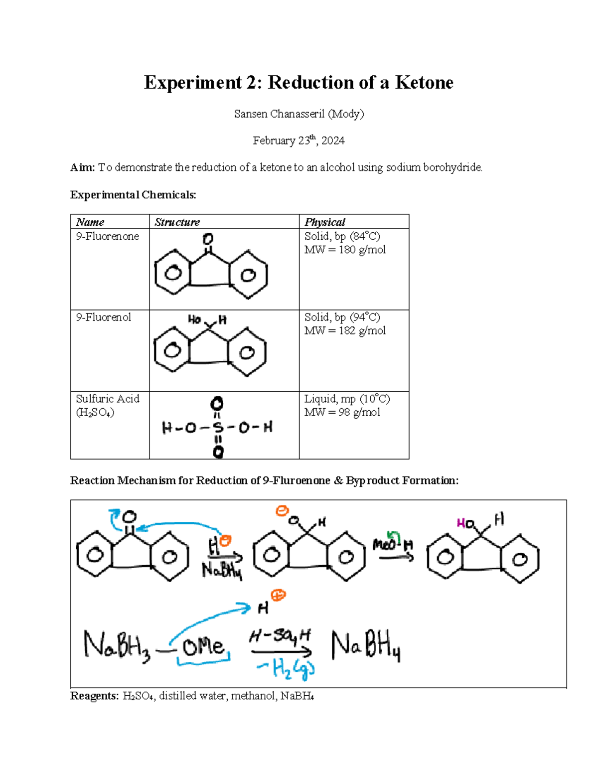 Experiment 2 orgo - Experiment 2: Reduction of a Ketone Sansen ...