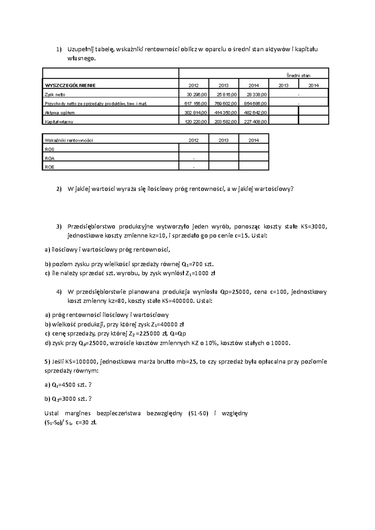 Analiza Ekonomiczno-finansowa Zadania - Uzupełnij Tabelę, Wskaźniki ...