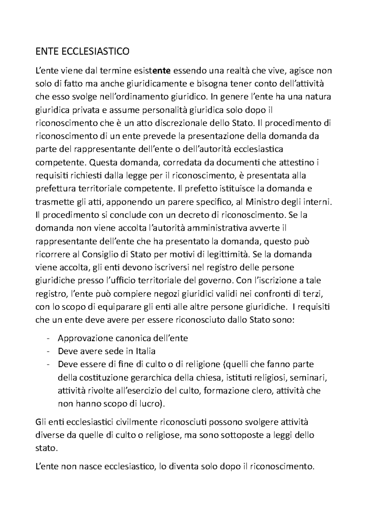 ENTE Ecclesiastico PREPARAZIONE ESAME ENTE ECCLESIASTICO L’ente viene dal termine esistente