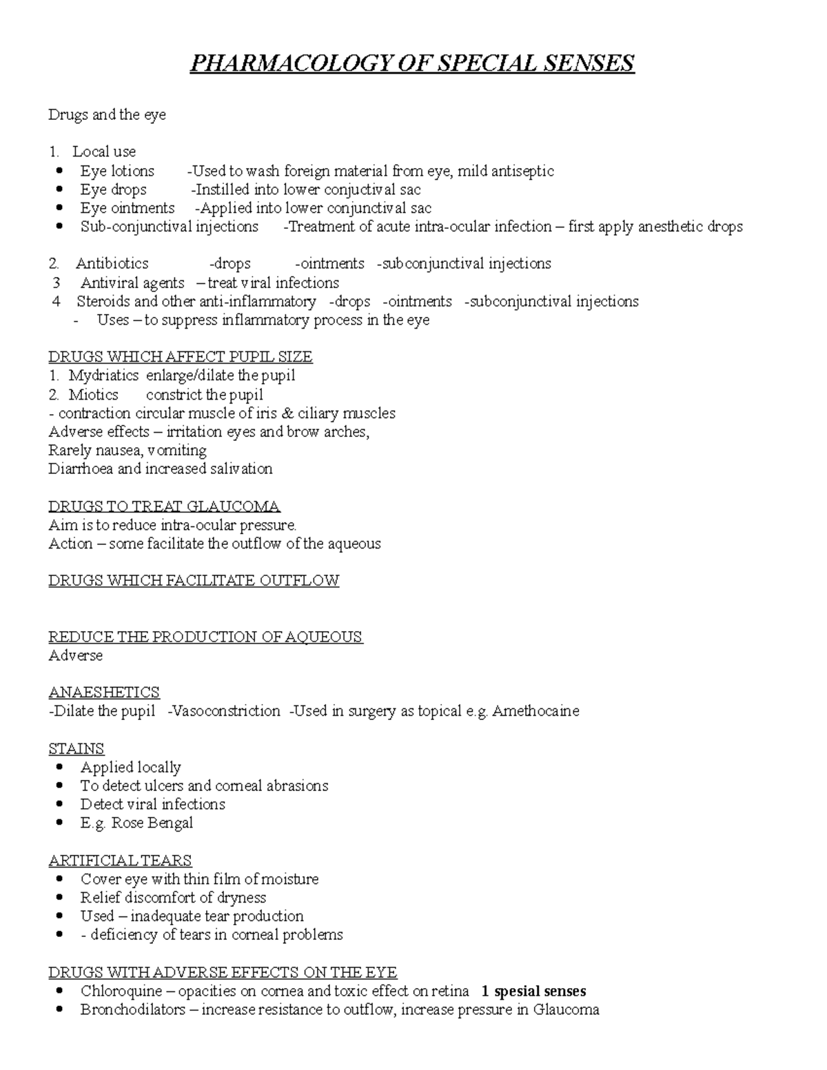 5 Special Senses - Pharmacology - PHARMACOLOGY OF SPECIAL SENSES Drugs ...