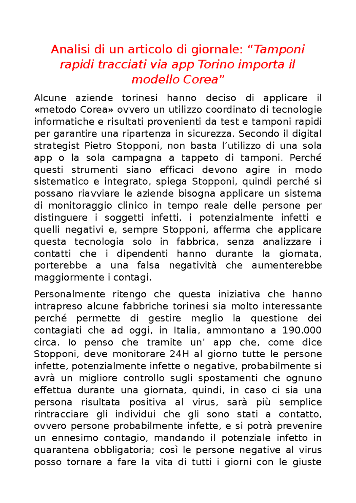 Analisi Di Un Articolo Di Giornale Secondo Il Digital Strategist Pietro Stopponi Non Basta