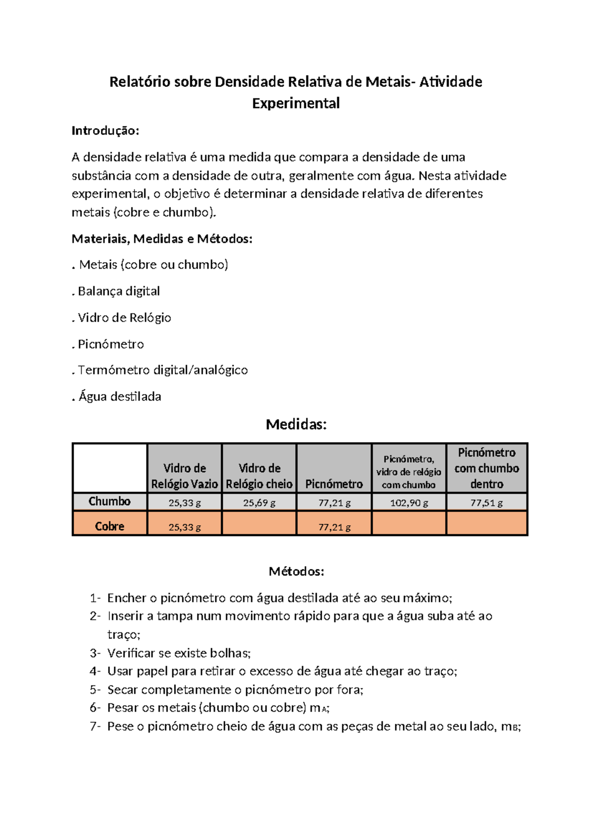 atividade experimental densidade relativa de metais