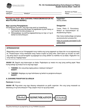 FIL-124 Aralin-6 - Bznznsnabnans - Student Activity Sheet / Aralin ...