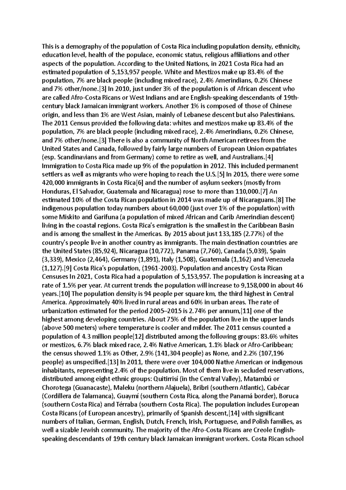 Costa rica - Summary - This is a demography of the population of Costa ...