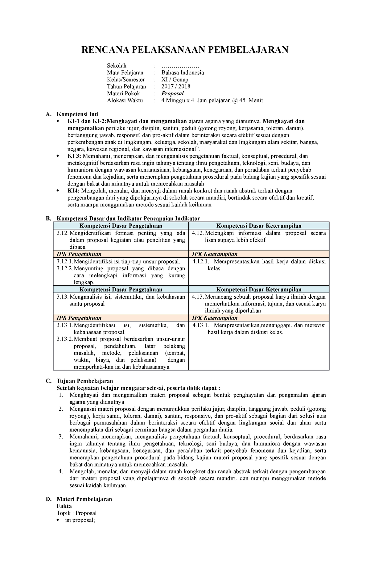 RPP 7 Proposal Bahasa Indonesia - RENCANA PELAKSANAAN PEMBELAJARAN ...