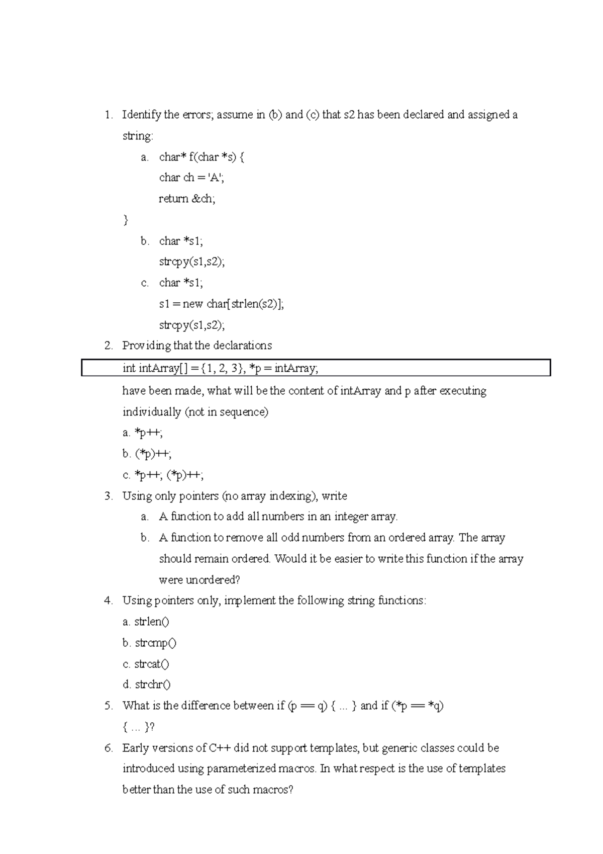 Practice complexity analisys c++ - Identify the errors; assume in (b ...