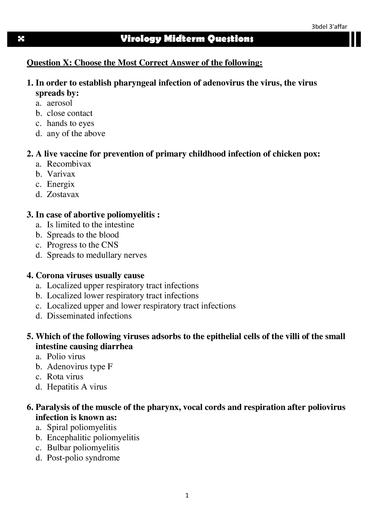 Viro Midterm Questions 2022 - Virology Midterm Questions Question X ...