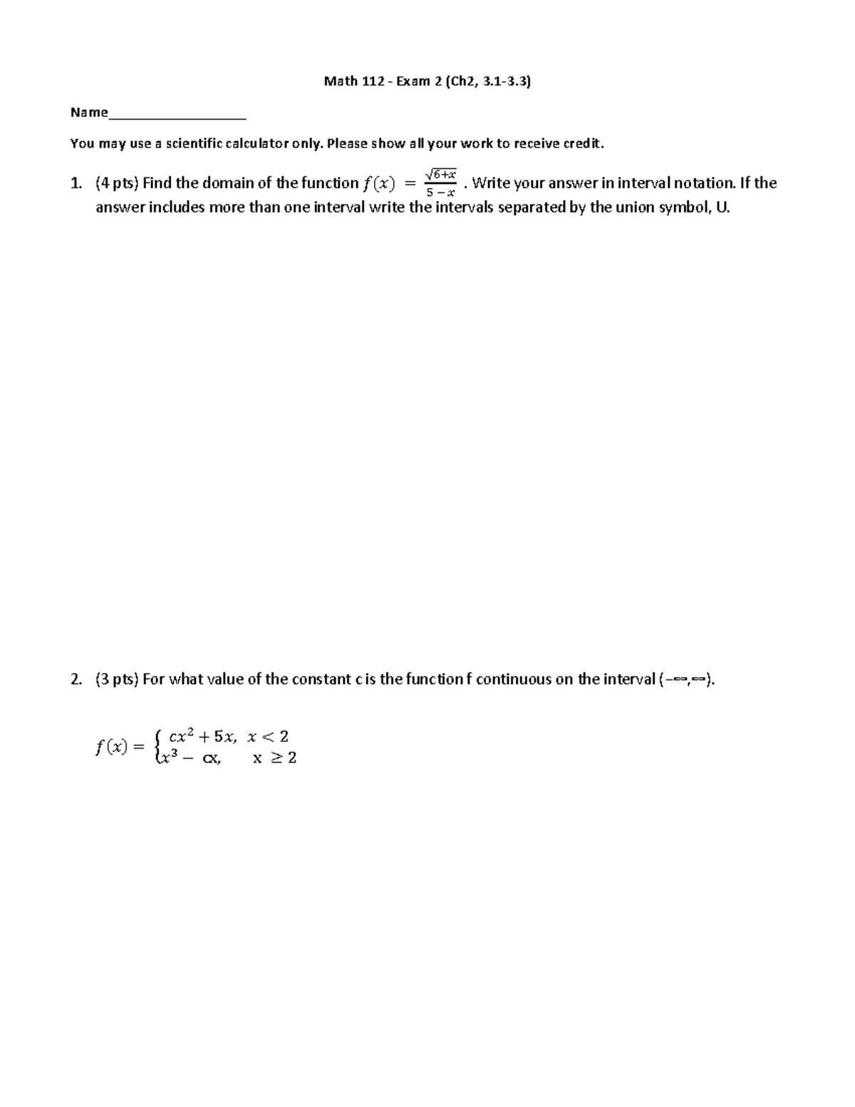 Practice Exam1 - Math 112 - Exam 2 (Ch2, 3.1-3) Name ...