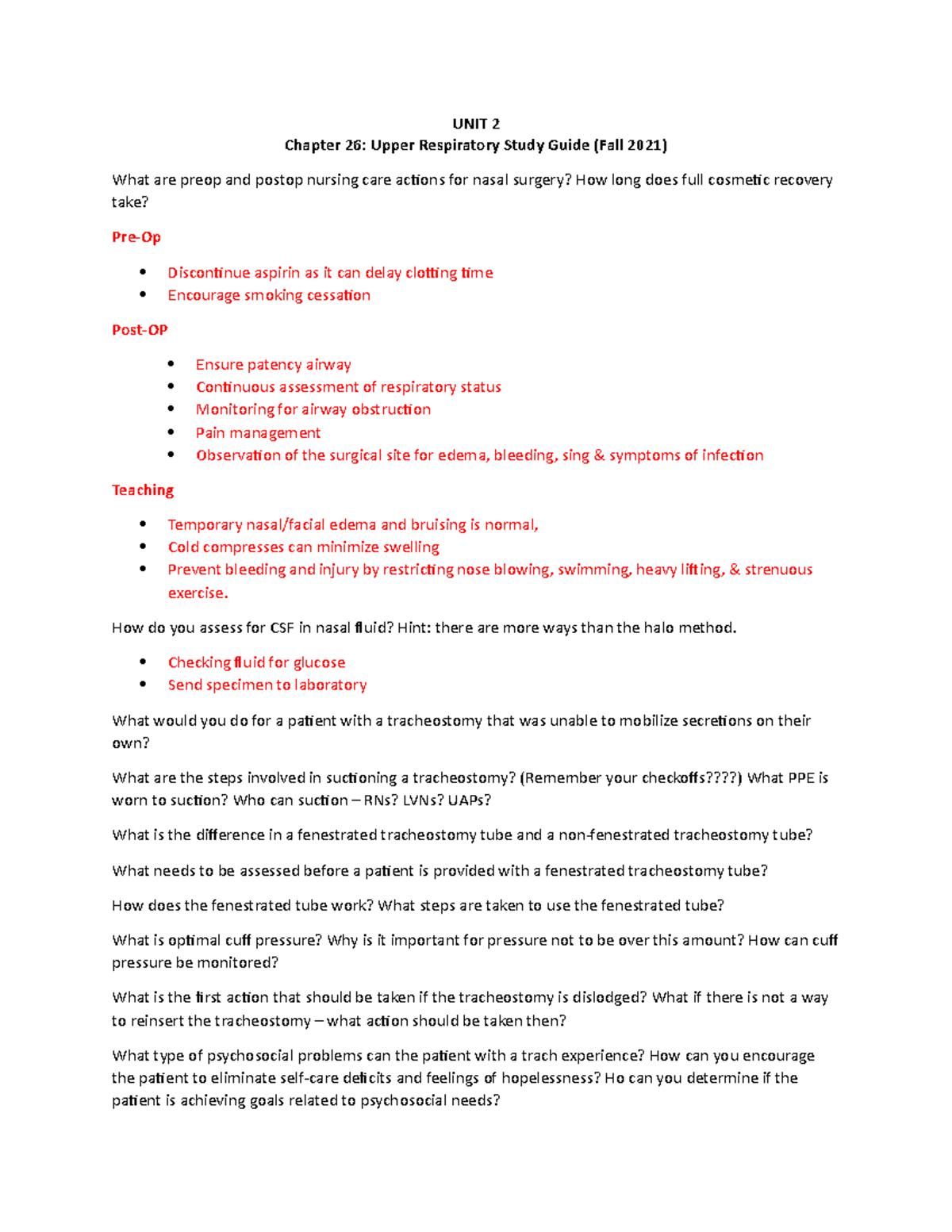 Chp 26 Study Guide Spring 2023 - UNIT 2 Chapter 26: Upper Respiratory ...