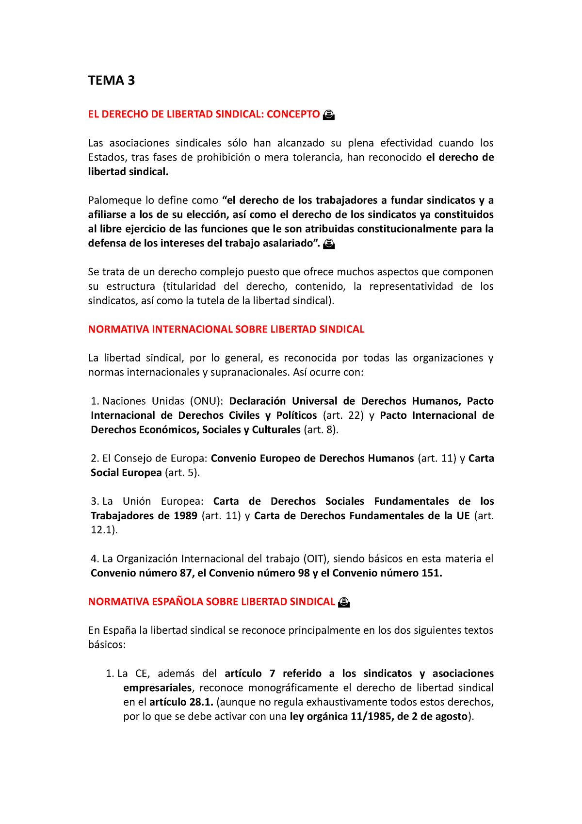 TEMA 3 - Apuntes - TEMA 3 EL DERECHO DE LIBERTAD SINDICAL: CONCEPTO Las ...