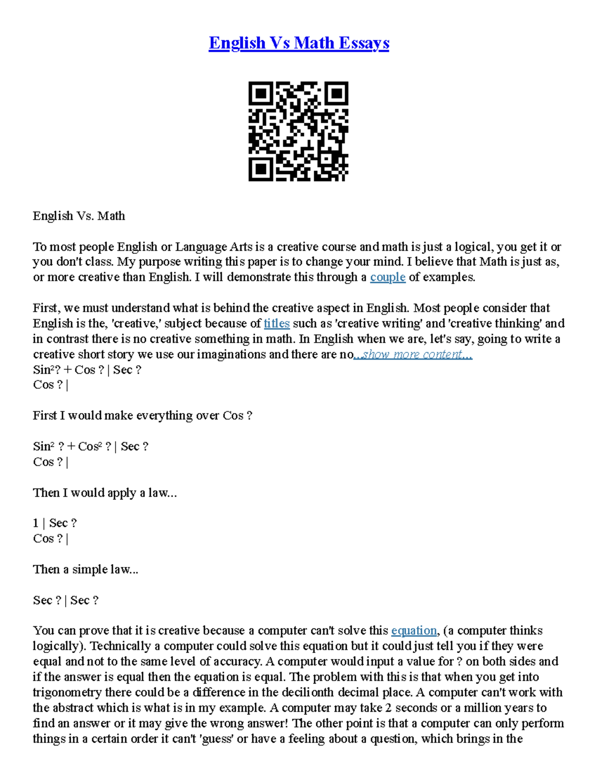 Essay Explanation - English Vs Math Essays English Vs. Math To most ...