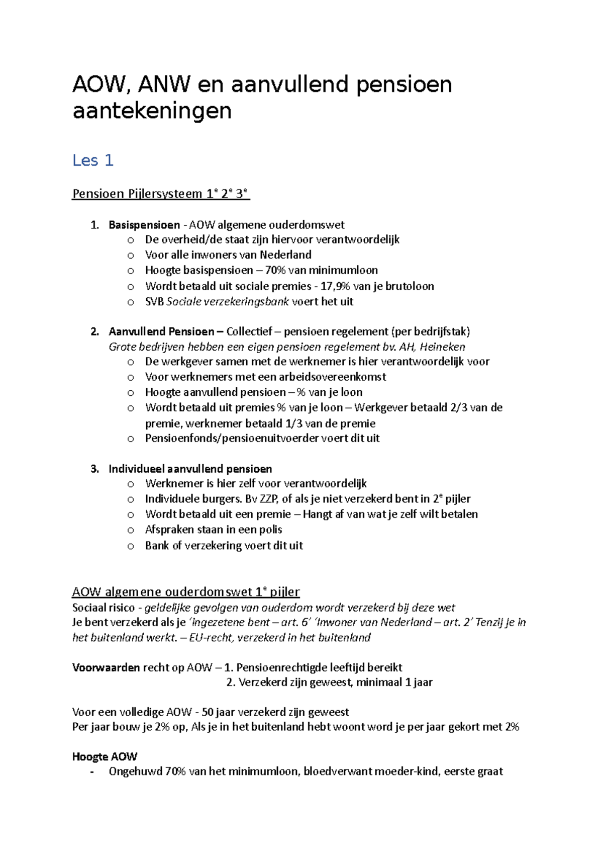 Aantekeningen AOW, ANW En Aanvullend Pensioen - AOW, ANW En Aanvullend ...