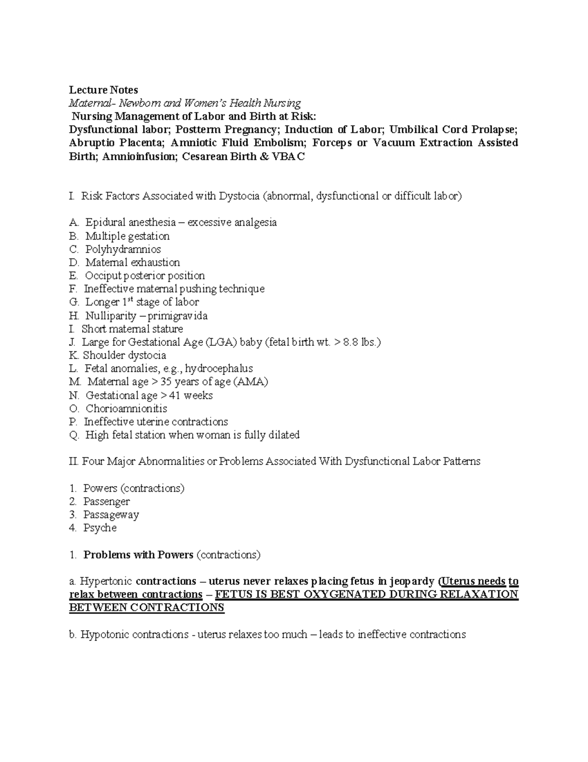 Lacture notes ch15 & ch16 - Lecture Notes Maternal- Newborn and Women’s ...