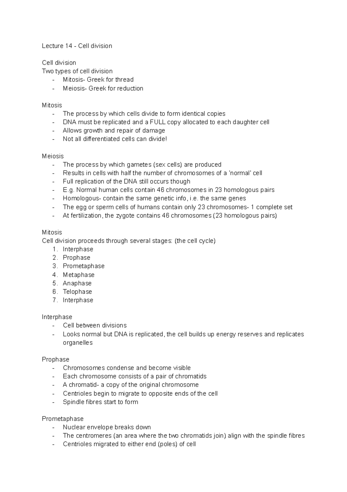 Cell divison- mitosis and meiosis, all different phases. - Lecture 14 ...