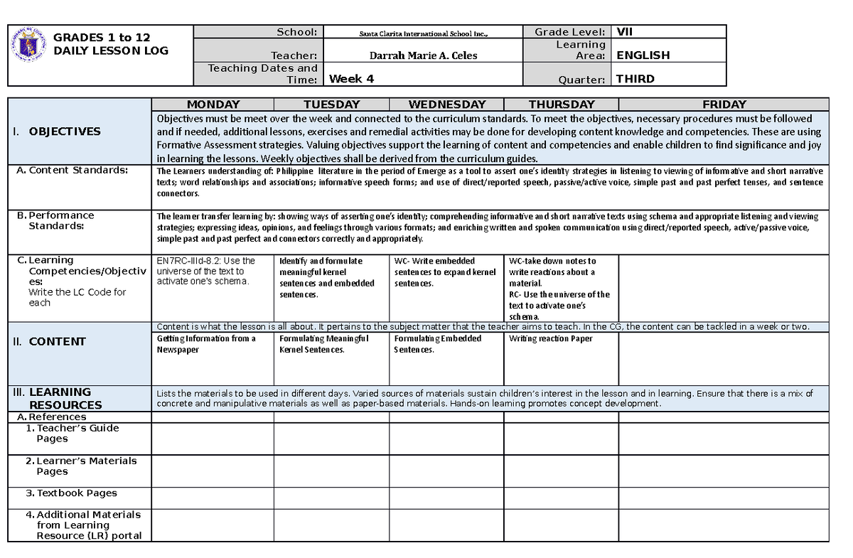 445493537 DLL 3rd Qrtr week 4 docx - GRADES 1 to 12 DAILY LESSON LOG ...