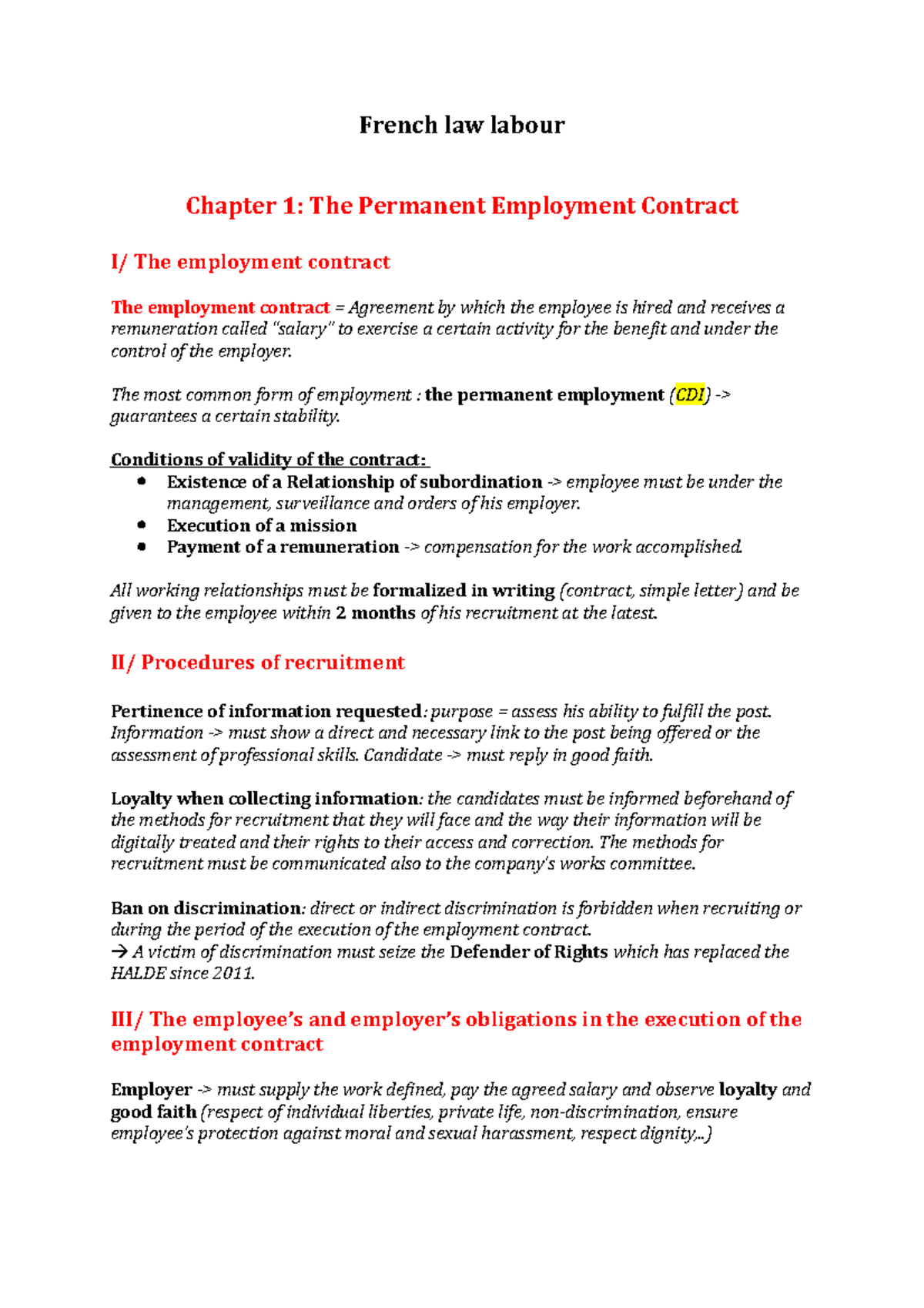 French law labour - The essential - French law labour Chapter 1: The ...