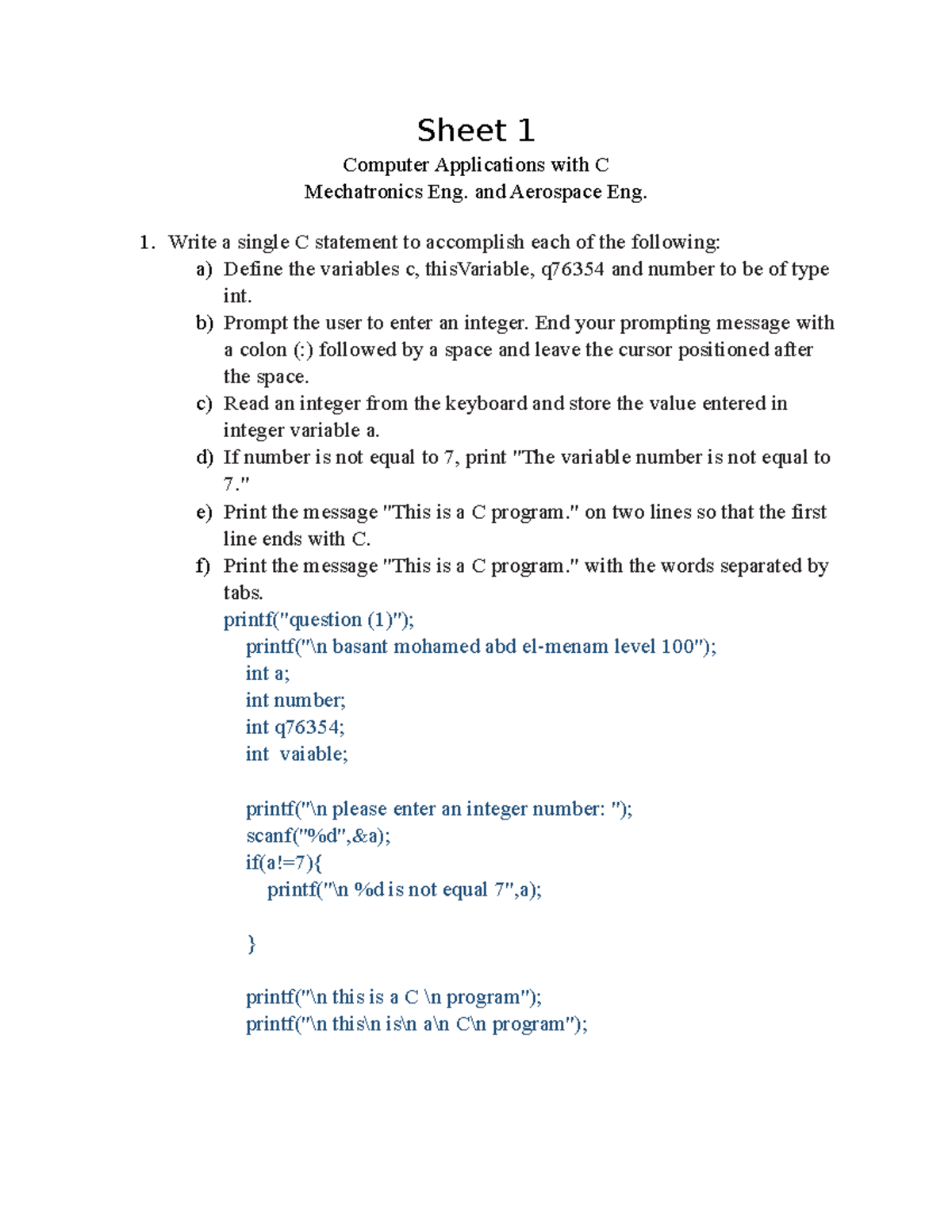Sheet 1 - C programing - Sheet 1 Computer Applications with C ...