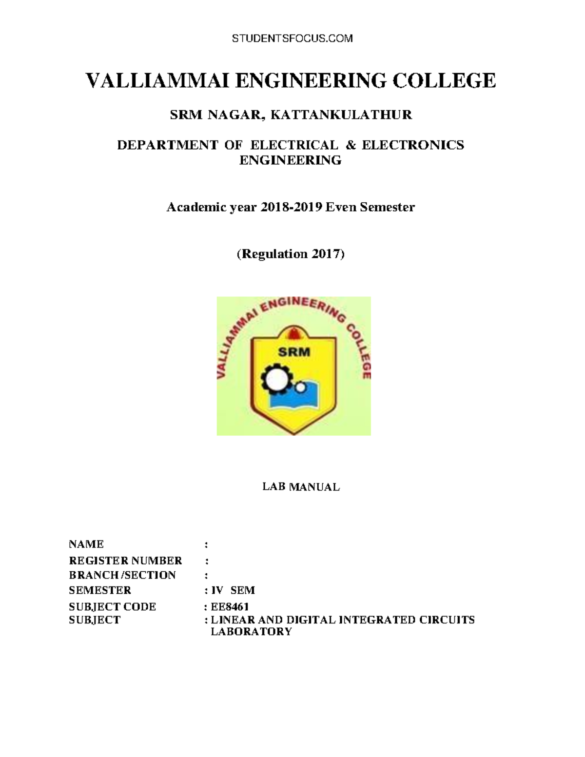 EE8461Linear and Digital Integrated CircuitsLab Manual VALLIAMMAI